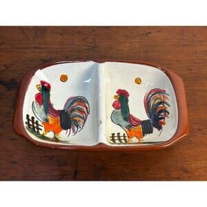 Vintage MUFLA Portugal Ceramic Dish Roosters Hand Made Terracotta Glazed